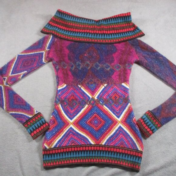 Desigual Off Cowl Neck Sweater Women Aztec Print Colorful Pink Fair Isle - Picture 3 of 11